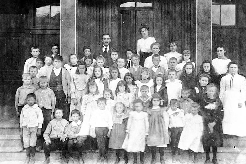 Students and their teachers outside the new Ashcroft school, built in 1899 and pressed back into action as a high school in 1949. The building now forms the front part of the Ashcroft community hall on Bancroft Street.