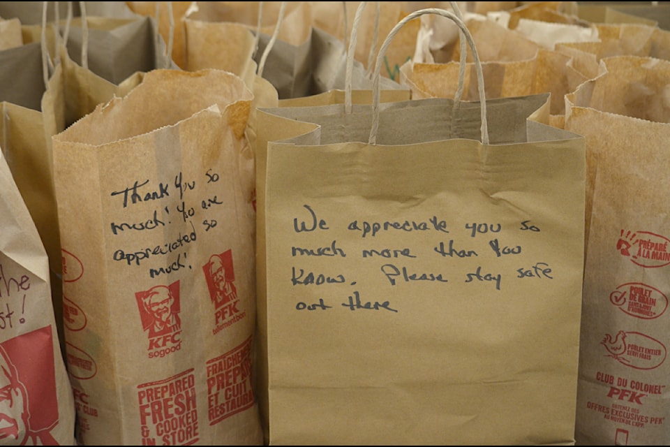 Each of the 60 or so bags prepared each day for firefighters has a handwritten message of thanks on it.