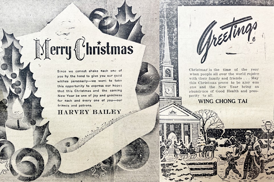1949 Christmas greetings from Ashcroft merchants Harvey Bailey Co. and Wing Chong Tai. 