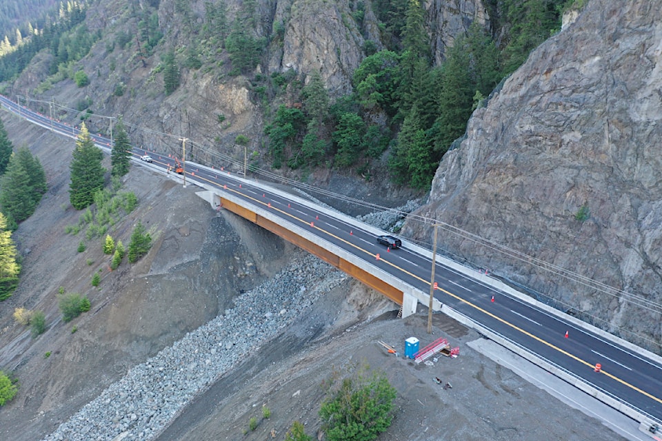 Reconstruction work at Falls Creek on Highway 1 in the Fraser Canyon is now complete. A large section of highway was washed away at the site during flooding in November 2021.