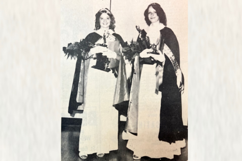 '1974 Stampede Queen And Princess' (Ashcroft Journal, June 13, 1974): (l) Stampede Princess Lori Bayes (Miss Legion) and Stampede Queen Heather Kane (Miss Hat Creek). (weightmall files)