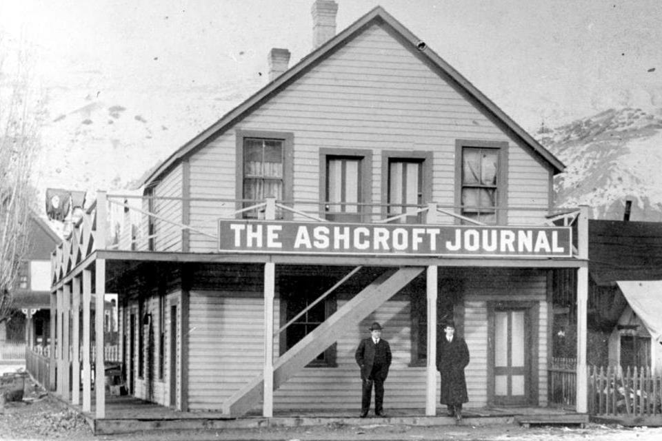 The Ashcroft Journal building in 1912, when the main entrance was on the east side of the building, rather than off 4th Street as today. (Ashcroft Museum and Archives)