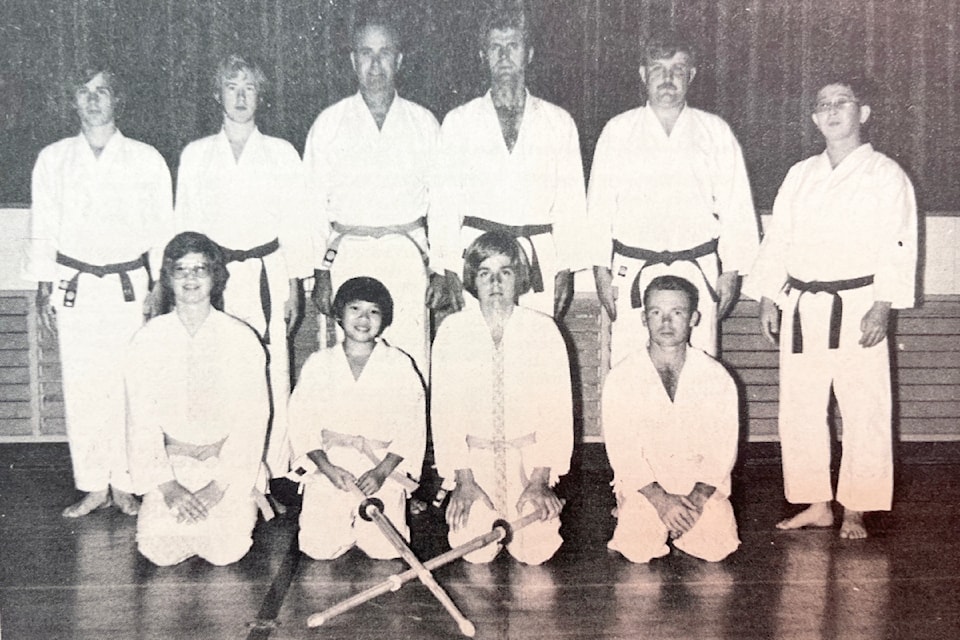 'Ashcroft Karate Club' (Oct. 30, 1974): '(from l, top) Craig Holinger; Alain Mertens; Joe Murrell; Merv McKague; Phil Potter; Instructor Akio Kanamaru. (bottom, from l) Brenda Murrell; Gary Chow; Chuck Moar; Dennis Johnstone.'