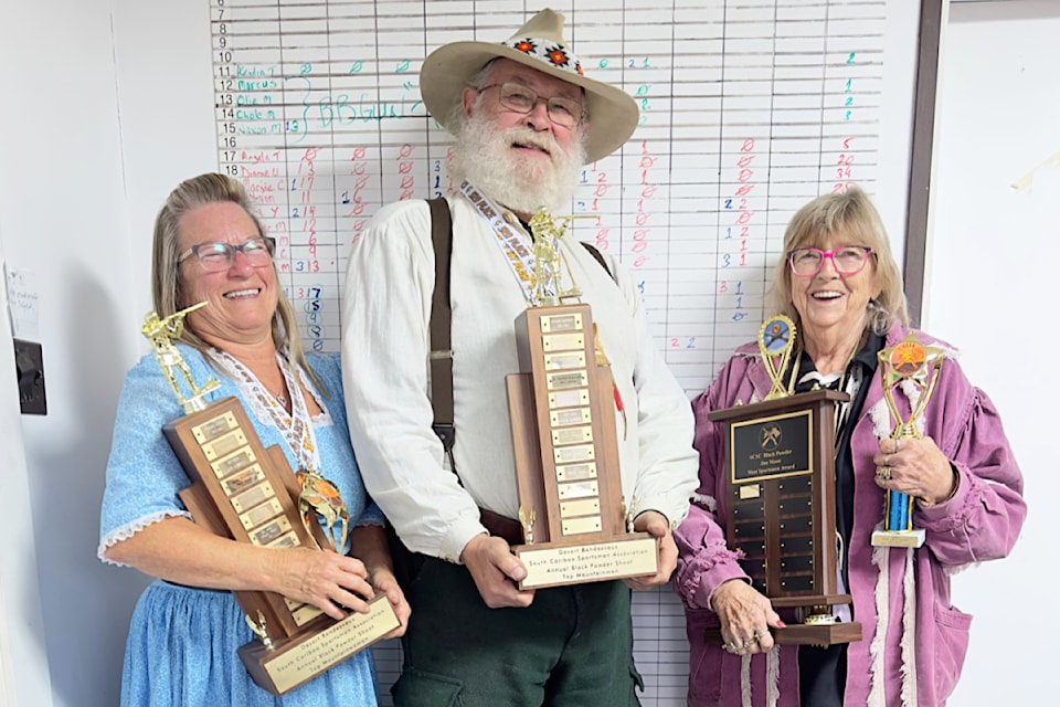 (from l) This year's Black Powder Desert Rendezvous winners were Margie Chat (Top Mountainwoman), Taylor Sapergia (Top Mountainman), and Yvonne Clarke (Jim Moon Most Sportsman award).