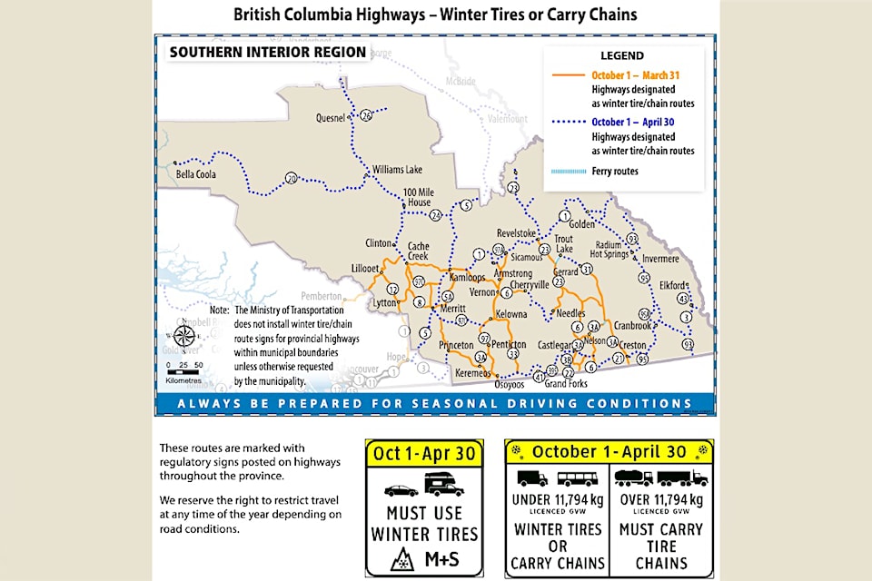 As of Oct. 1, winter tires are legally required on most highways in the Southern Interior of B.C.