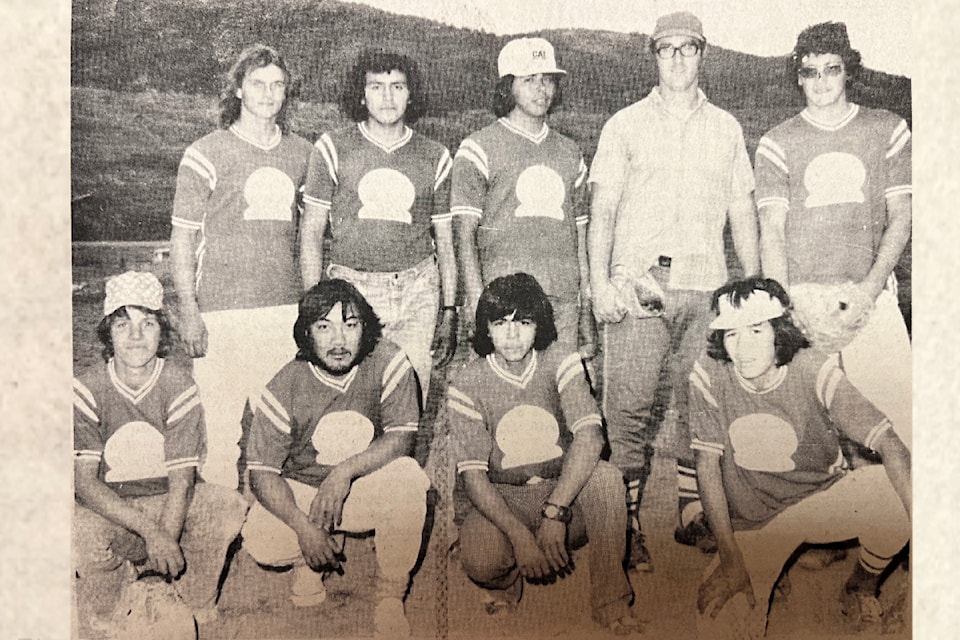'Ashcroft Cowboys Take Mini Tournament' (Sept. 11, 1974): 'On Sunday last a four team Mini Fastball Tournament was held at Bonaparte Village. Ashcroft Cowboys won the day against Bonaparte Pintos 9–7. Other teams participating were Deadman Creek and Bonaparte Super Bs. (back row) Craig Pickerell, Percy Minnabarriet, Jr., Ross Billy, Jack Campbell, Stoney Minnabarriet. (front row) Billy York, Gordon Cagey, Tony Beckett, Victor Minnabarriet.'