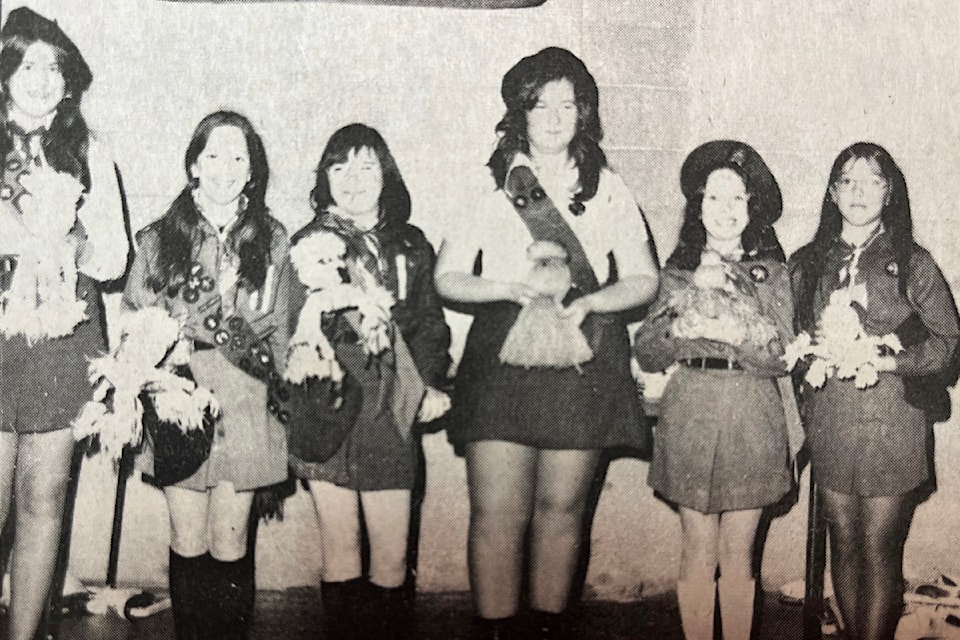 ‘Wool Octopuses Made By Guides At C.C. Rally’ (Feb. 26, 1975): ‘Tracy Charles, Kim Allen, Donna Shaw, Lori Cuthill, Megan Marlow, and Kelly Rockham display their wool octopuses made during crafts class taught by Miss D. Anderson at the Guide Rally last Saturday afternoon at the Cache Creek Hall.’