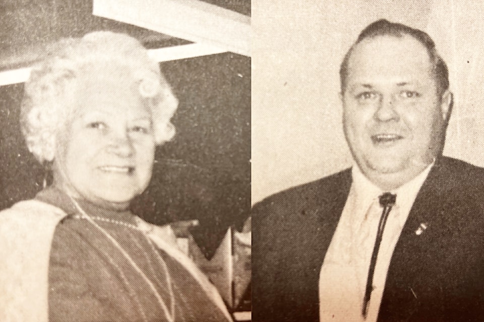 Ashcroft's 1975 Citizen of the Year Reta Fooks (l) and Cache Creek's 1975 Citizen of the Year Bill Chernenkoff. The awards were presented by the Kinsmen Club.