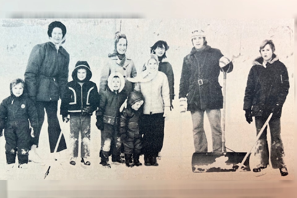 'First Skaters On Cache Creek Skating Rink' (Jan. 15, 1975): 'A group of Cache Creek residents enjoying skating on their rink, recently cleared of snow and flooded.' [No names were provided in the cutline; can anyone identify any of those residents from long ago?]
