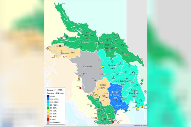 Map showing the snowpack levels in the Souther Interior as of Jan. 1, 2025. There was insufficient data to calculate levels for the Chilcotin region.
