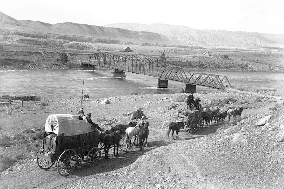 Wagons leaving Ashcroft in 1900. The B.X. Express stable can be seen at centre on the west side of the Thompson, in what is now North Ashcroft. It stood there until 1950, when it was finally demolished.