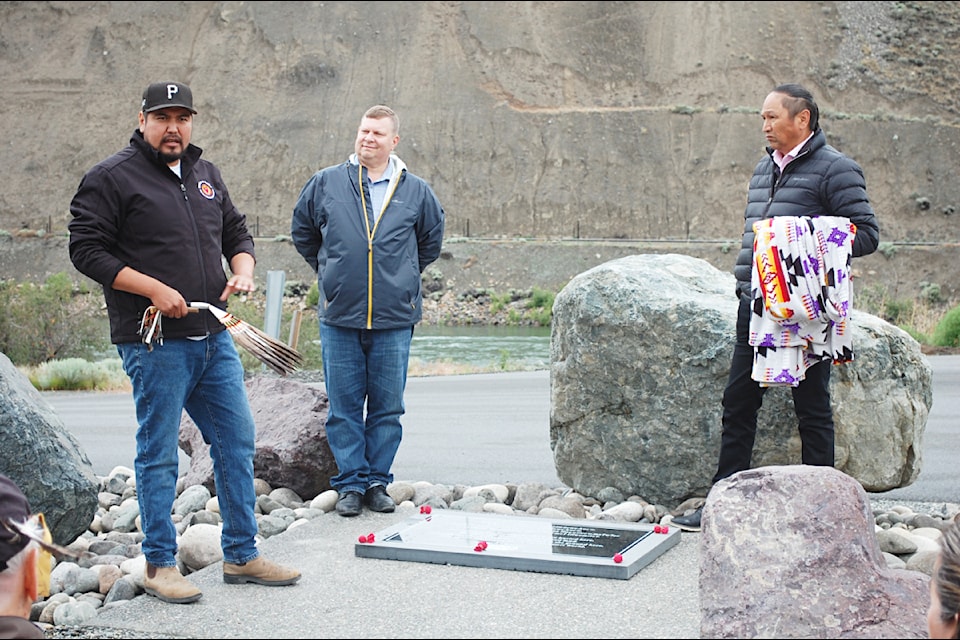 (from l) Justin Prairie Chicken, Ashcroft Terminal CEO and Chief Commercial Officer Chris Shubert, and Kukpi7 Frank Antoine at the memorial unveiling on June 21.