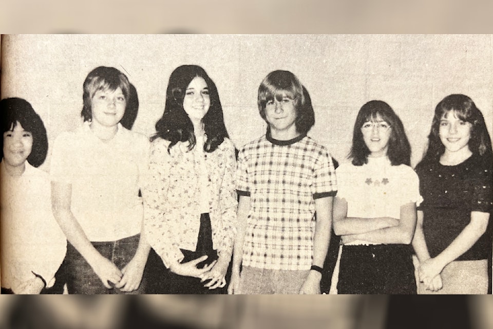 'Ashcroft Elementary Students Win In Essay Contest' (March 12, 1975): 'Those receiving high marks in the essay contest at the Ashcroft Elementary School from left to right are Helen Toriumi, Colleen Bundus, Janice Lapointe, Andy Weiss, Melanie Spicer, and Alana Krider.'