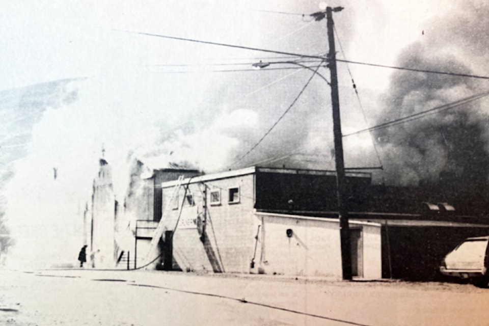 'Ashcroft Drylands Arena Totally Destroyed By Fire' (front page, May 28, 1975). The curling rink to the east (right) of the arena, which at the time only contained two sheets of ice, was not damaged.