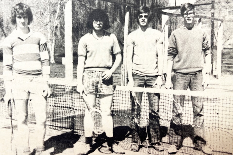 ‘Tennis Going Strong In Ashcroft’ (May 7, 1975): ‘Finalists in over-14 doubles at tennis tournament at the Ashcroft tennis court Saturday, May 3. Left to right are Ken Godau, Alan Bennewith, Mike Godau, Bob Evans. Winners were Mike Godau and Bob Evans.’