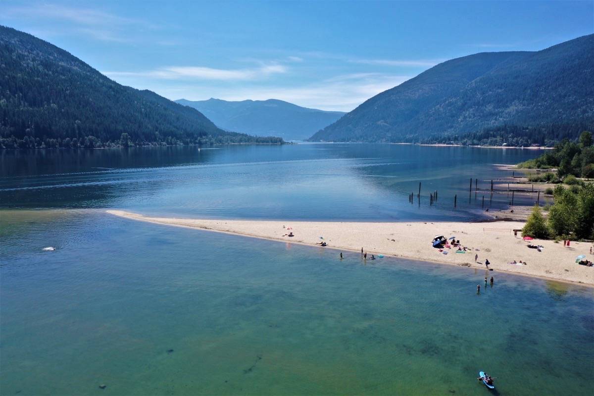 Six Miles popularity is due to the long sand spit that extends out from the beach into the middle of Kootenay Lake. It was on that spit that a man drowned in July. Photo: David Grantham/Kootenay Drone Services