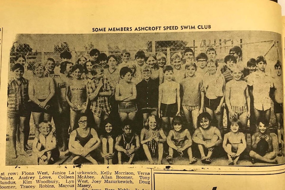 Photo of members of the Ashcroft Speed Swim Club from the Aug. 12, 1971 issue of the Journal . The cutline reads “1st row: Fiona West, Janice LaPointe, Audrey Lowe, Colleen Bundus, Kim Woodbury, Lyn Boomer, Tracey Robins, Marcus Lowe. 2nd row: Mike Manning, Darrel Nadeau, Darlene Quesnel, Donald Pears, ….., Doug Morrison, Timmy Askiastall, ….., Allen Miller, Keith Erickson, ….., Don Weatherley. 3rd row: Coach Linda Savage, Billy Anderson, Susan Boomer, Christine Massey, Donna Mazurkewich, Kelly Morrison, Verna McAbee, Allan Boomer, Tony West, Joey Mazurkewich, Doug Masey. 4th row: Rosa Noble, Jo-Ann Lapointe, Stearn Fredrickson, Mike Pears, Grant Overton, Dennis Johnson, Mike Morrison, Glen Tegart, Brett Nadeau. There are other members missing and others pictured names not known.” (All names are spelled here as per the original cutline; apologies 50 years later for any errors.) (Photo credit: Journal archives)