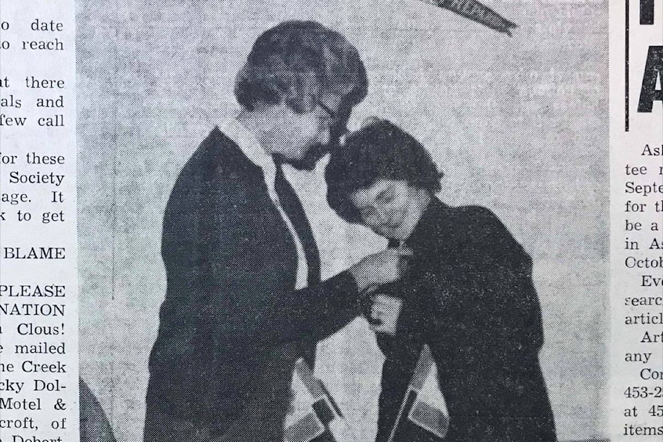 Sept. 30, 1971: ‘Barb Shaw Receives 13 Year Badge: Commissioner Mrs. Vernon, left, is here placing a 13 year badge on Barb Shaw at the Brownie, Girl Guide and Ranger banquet at Cache Creek. Barb received many appreciative words for her many hours of time put in for the group.’ (Photo credit: Journal archives)