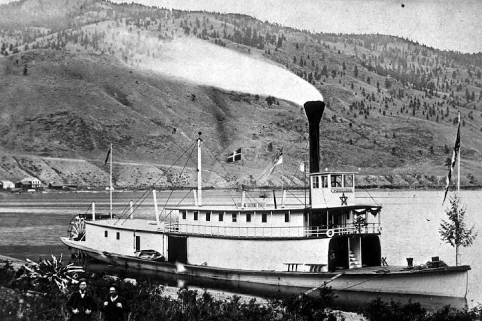 The SS Peerless , which successfully navigated the Thompson River from Savona to Spences Bridge and back again in 1881, tied up at Savona’s Ferry in 1885, prior to the community’s move from its original location on the north side of Kamloops Lake (some buildings are visible at the original site at far left).