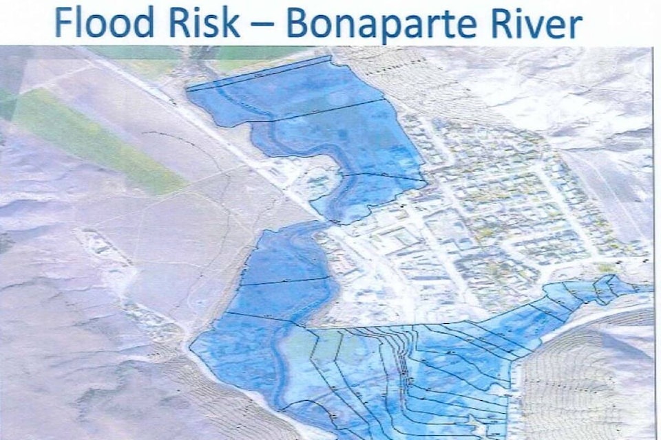 A map showing some of the properties in Cache Creek (dark-shaded areas) that are at risk from flooding from the Bonaparte River. (Photo credit: TRUE Consulting)