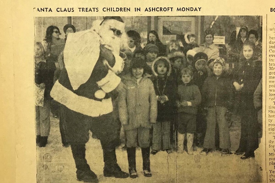 ‘Santa Claus Treats Children In Ashcroft Monday’ (Dec. 23, 1971): ‘Instead of coming via reindeer Santa Claus came by Skidoo to Ashcroft Monday afternoon and made the rounds of the whole Village including the hospital. Sponsors were Cozy’s Refrigeration, LJ Variety Store, and BB Superette. Pictured is Santa handing out treats.’ (Photo credit: Journal archives)