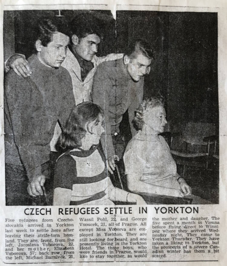 A small article printed in a local paper about the arrival of Czechoslovakian refugees in Yorkton, Sask., in 1968. George Vnoucek, then just 21 years old, is on the far left. Hes standing next to his friends Michael Barnivek (left) and Wassil Pohl (centre), both of whom escaped with him. The two women sitting were also Czech refugees, but Vnoucek didnt know them.