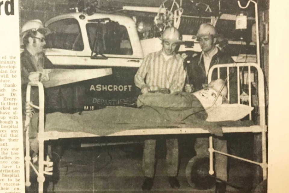 ‘Getting The Patient Ready!” (March 23, 1972): ‘Members of the Ashcroft Fire Department are preparing their patient and bed for the PUSH-A-THON on Saturday March 5th. The Firemen will be pushing the bed around Ashcroft and Cache Creek and back, from 9 a.m. to 5 p.m. Firemen are requesting donations and pledges per hour, on a maximum of 5 hours, with all proceeds going to the Ashcroft District General Hospital Equipment fund. Getting bed ready for trip are (l to r): Firemen Bill Manderson, Roy Crooks, Morley Zant.’ (Photo credit: Journal archives)