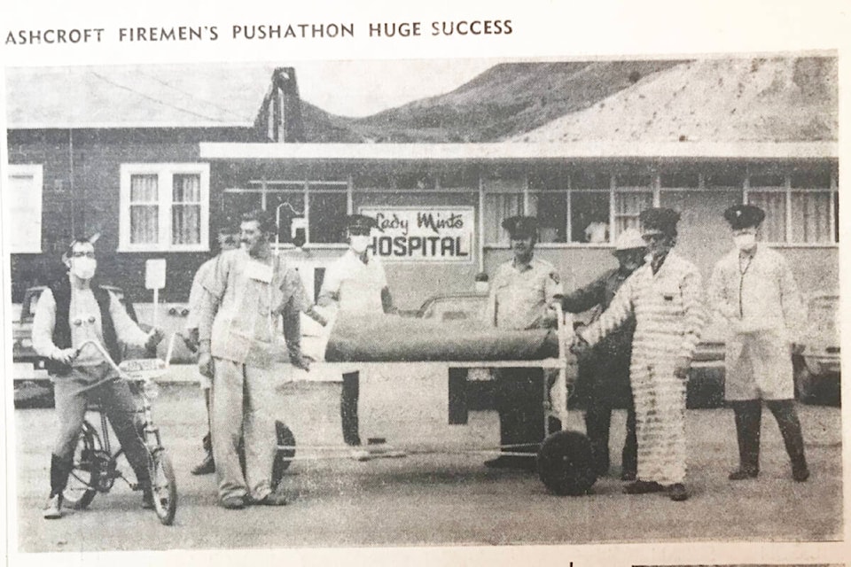 ‘Ashcroft Firemen’s Pushathon Huge Success’ (March 30, 1972): ‘Pictured with bed from left to right are: Gordon Matthews, Joe Lomond (back), Roy Crooks, Don Habermehl, Al Peterson, Bob Rodford, Morley Zant, Bill Manderson (front).’ (Photo credit: Journal archives)