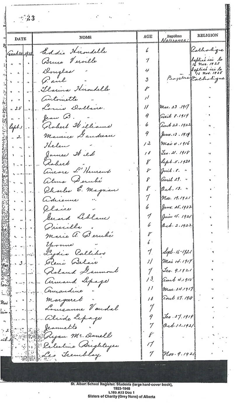 A student registry for Youville Residential School in St. Albert, Alta. Douglas Vervilles name and age are third from the top between his brothers Paul and Bruce. Document courtesy National Centre for Truth and Reconciliation
