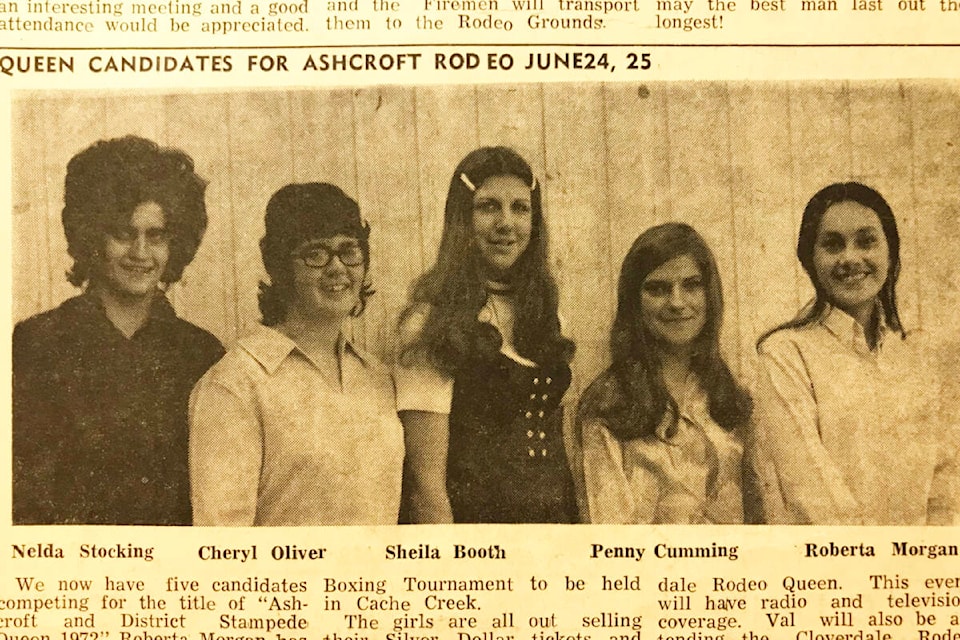 ‘Queen Candidates For Ashcroft Rodeo June 24, 25’ (April 20, 1972): (from l) Nelda Stocking, Cheryl Oliver, Sheila Booth, Penny Cumming, Roberta Morgan. (Photo credit: Journal archives)