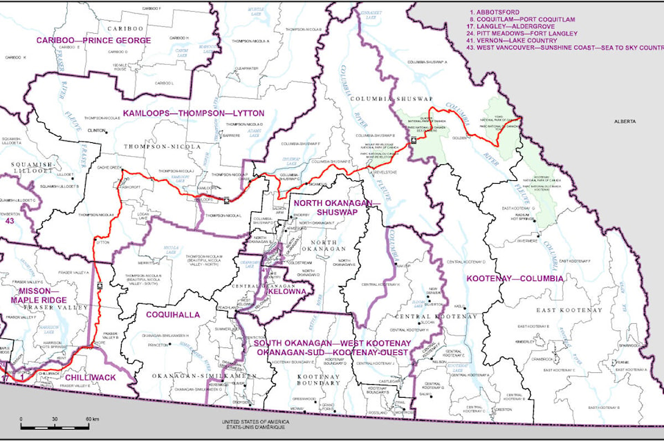 A map shows proposed changes to federal ridings in southern B.C., including the new riding of Kamloops-Thompson-Lytton, which would include Ashcroft, Cache Creek, Clinton, Lillooet, Barriere, Clearwater, and most of the City of Kamloops. (Photo credit: Federal Electoral Boundaries Commission)