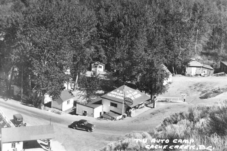 Overhead view of the T.U. Auto Camp in Cache Creek, date unknown. The site is now occupied by the post office; what is now the Todd Road Bridge is to the left of the picture, just out of view. (Photo credit: Ashcroft Museum and Archives)