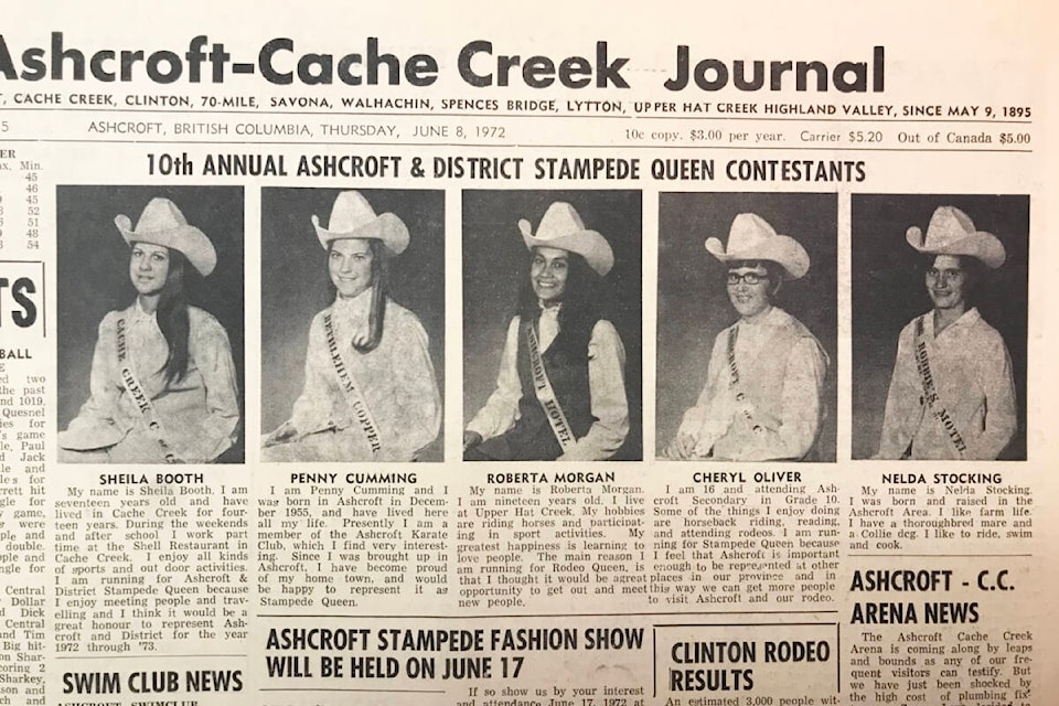 ‘10th Annual Ashcroft & District Stampede Queen Contestants’ (June 8, 1972): Contestants Sheila Booth, Penny Cumming, Roberta Morgan, Cheryl Oliver, and Nelda Stocking. (Photo credit: Journal archives)