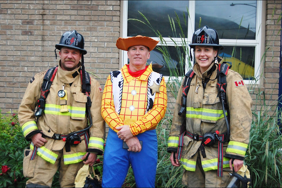 (from l) Cache Creek firefighters Al Wiens, Tom Moe, and Alana Peters will be taking part in the Fire Fit Challenge in Spruce Meadows, Alberta on the weekend of June 17. They’re pictured here at the start of Skip’s Run in Ashcroft on June 5. (Photo credit: Barbara Roden)