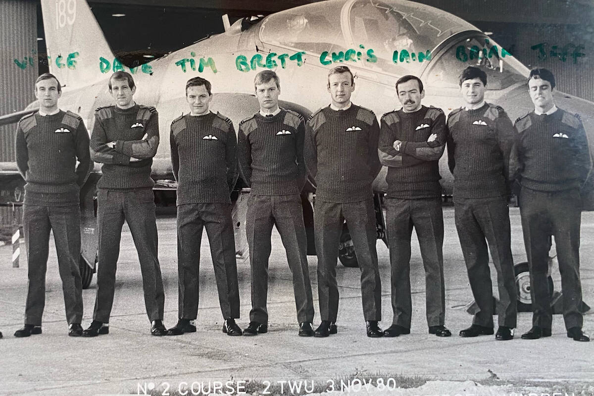 Vince Treverton (far left) and his classmates at Royal Air Force Chivenor, in 1980. At this site, Treverton learned air combat including the use of machine guns and bombs. Photo: Vince Treverton