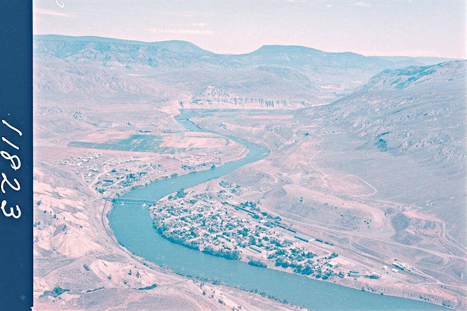 A photo of Ashcroft c. 1967 clearly shows the horse racing track that used to be on the Mesa (r). The site also hosted a rodeo until rodeo grounds were opened on Circle 7 Ranch property adjacent to Government Street at Highway 97C in the early 1960s. (Photo credit: BC Archives)