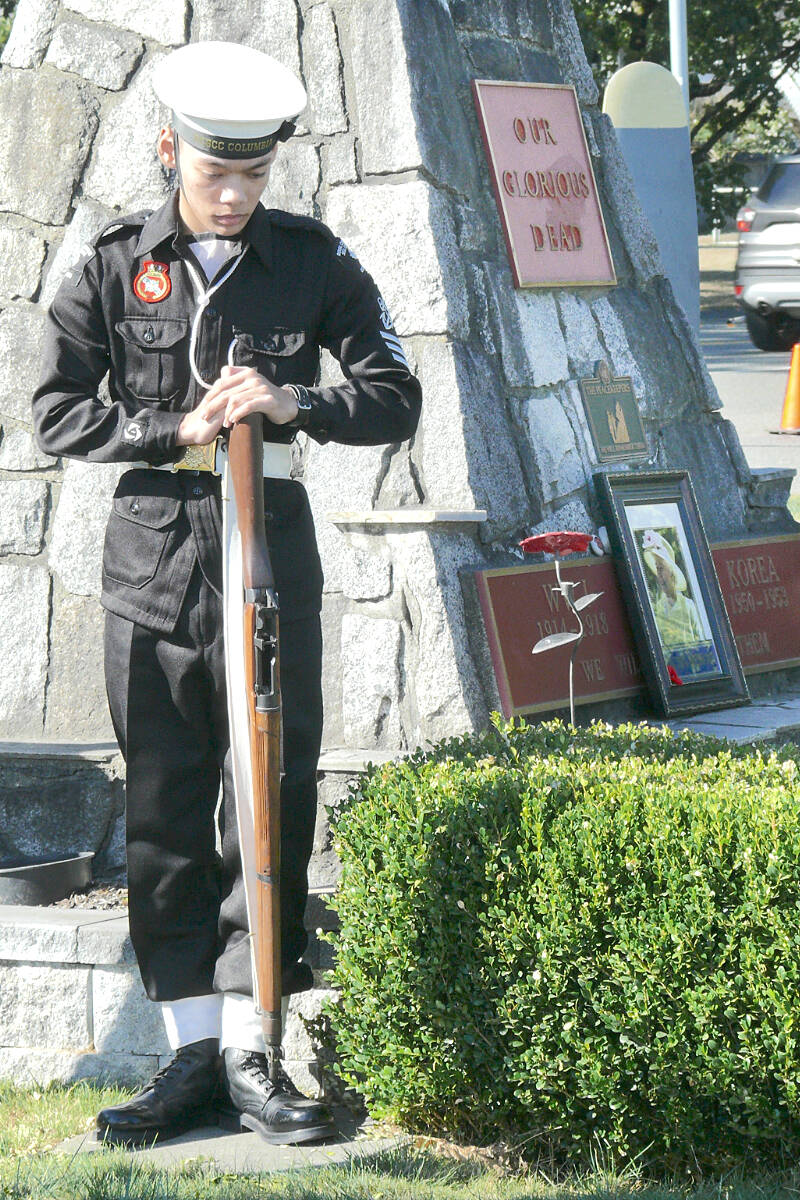 Cadets formed an honour guard during the Monday service for the queen at the Royal Canadian Legion Aldergrove branch. (Dan Ferguson/Langley Advance Times)