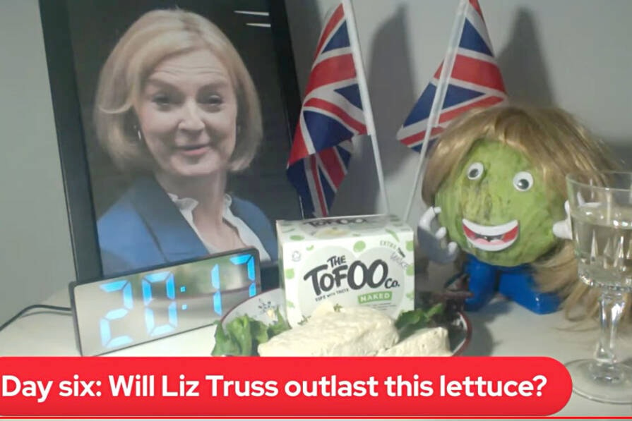 British punters are betting on whether beleaguered Prime Minister Liz Truss (l) can outlast a head of lettuce (r; screen grab taken on Oct. 18, 2022). (Photo credit: Daily Star /YouTube)