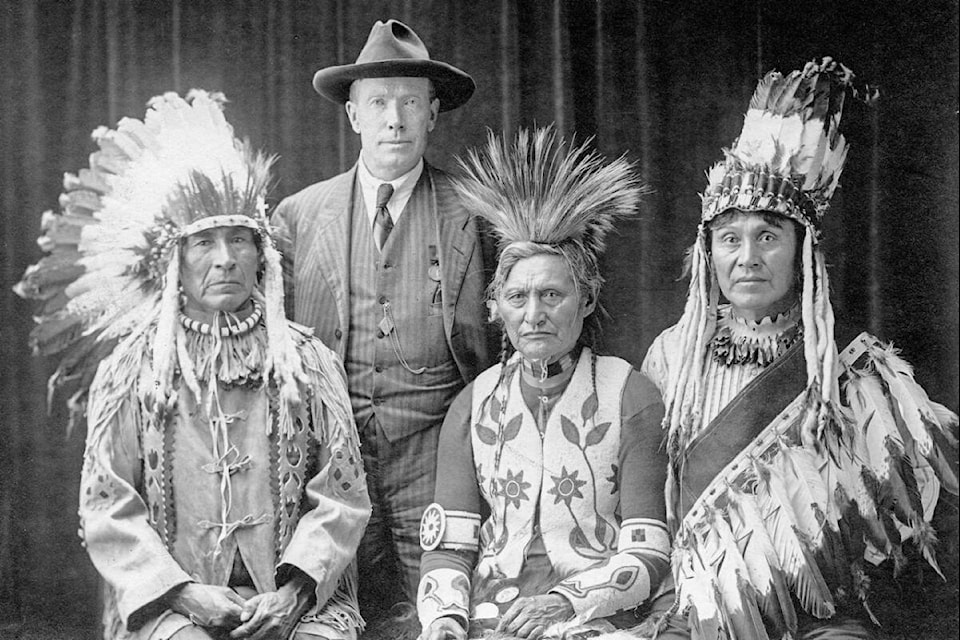 James Teit (second from l) with (from l) Nlaka’pamux Chief John Tetlanetza, Ktunaxa Chief Paul David, and St’at’imc Chief Thomas Adolph of the B.C. Interior during a lobbying trip to Ottawa in 1916.