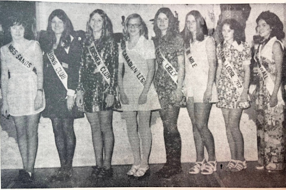 ‘Ashcroft Stampede Queen Candidates Make First Appearance’ (Feb. 22, 1973): ‘Candidates for Ashcroft and District Stampede Queen and Princess made their first public appearance on Friday evening at the Lions Club Valentine Dance. Left to right: Darlene Corneillie, Miss Sands Motor Inn; Barbara Yarschenko, Miss Lions Club; Deborah Woodburn, Miss Kinsmen; Valerie Walsh, Miss Canadian Legion; Jaci Sarver, Miss Cache Creek Chamber of Commerce; Tanya Cody, Miss 16 Mile; Cindy Bates, Miss Elks Lodge; Violet Kirkpatrick, Miss Cornwall Reserve. Winnie Narcisse, Miss Upper Hat Creek, absent.’ (Photo credit: Journal files)