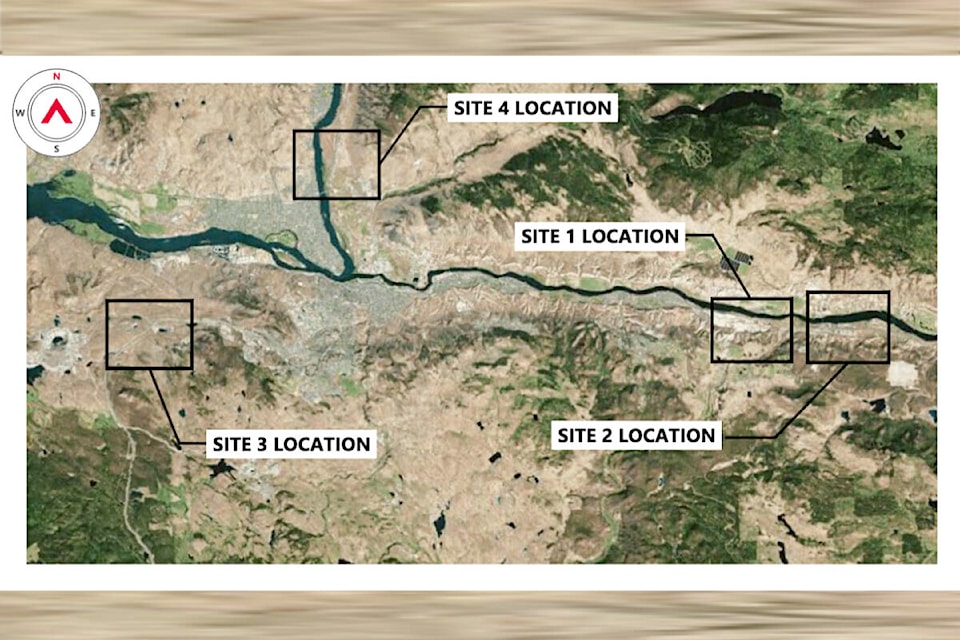 A location map shows four sites that have been identified as suitable for the construction of a new film studio in and around Kamloops. Site 1 is in Dallas, Site 2 in Campbell Creek, Site 3 in southwest Kamloops on Sugarloaf Road, and Site 4 is on the Tk’emlúps reserve. (Photo credit: TNFC)