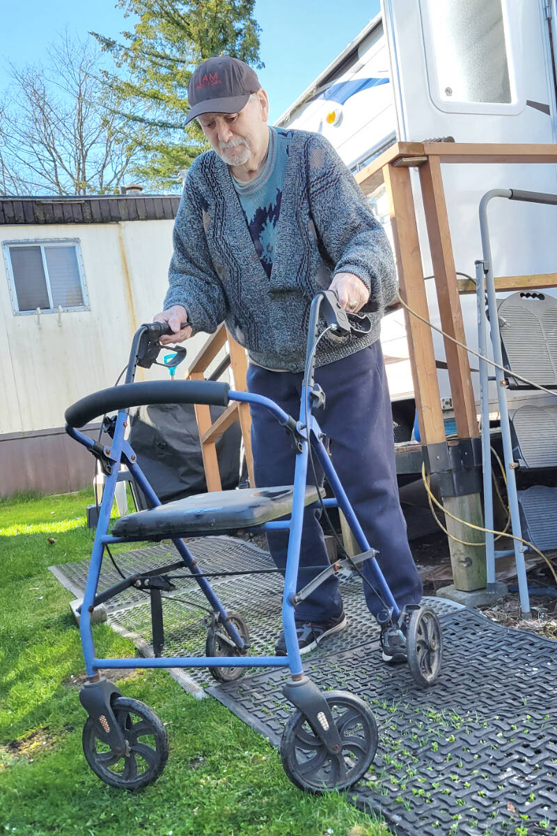 When his walker hit a rut during a late October snowfall, Langley senior Bill Lewis fell in the snow and fractured his hip. On Wednesday, April 12, he showed a Langley Advance Times reporter where he fell, and explained he was going public to say thanks to the Good Samaritan who came to his rescue. (Dan Ferguson/Langley Advance Times)