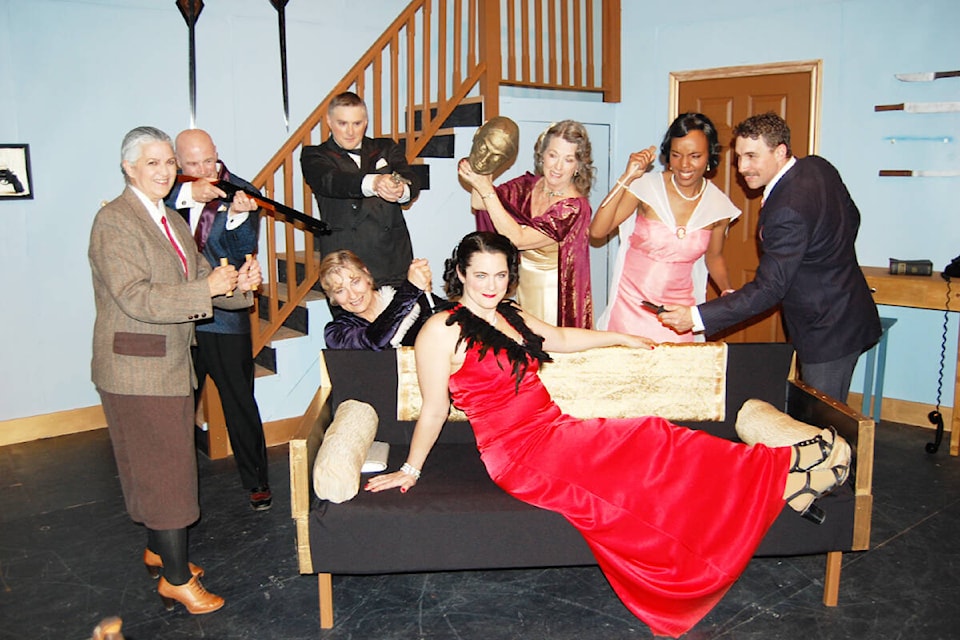 Live theatre returned to Ashcroft from April 12 to 15, when the Winding Rivers Arts & Performance Society staged five performances of the murderously funny mystery-comedy The Game’s Afoot . After the final performance, cast members got together to take their revenge on Nancy Duchaine (on sofa) as the scheming journalist Daria Chase. (from l) Margaret Moreira, Jan Schmitz, Paulet Rice, Richard Wright, Mavourneen Varcoe-Ryan, Jheanelle Roebbelen, and Drew Johnston. (Photo credit: Barbara Roden)