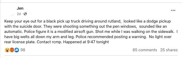 A post to Facebook the evening of April 28, 2023 warning others in Kelowna of a recent airsoft gun attack. (Facebook)