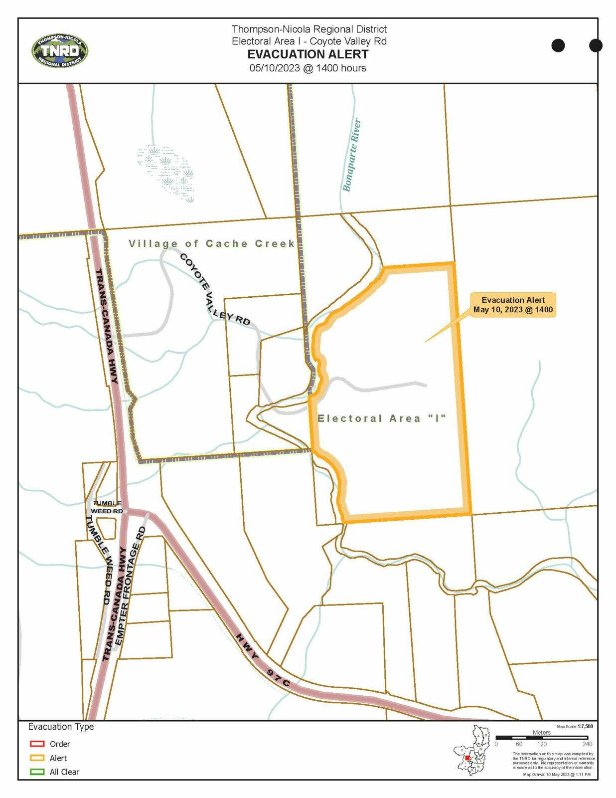 A current flooding event in Electoral Area “I” (Blue Sky Country”) poses a threat to life and property for one address at 1400 Coyote Valley Road, as well as other areas in area “I”.