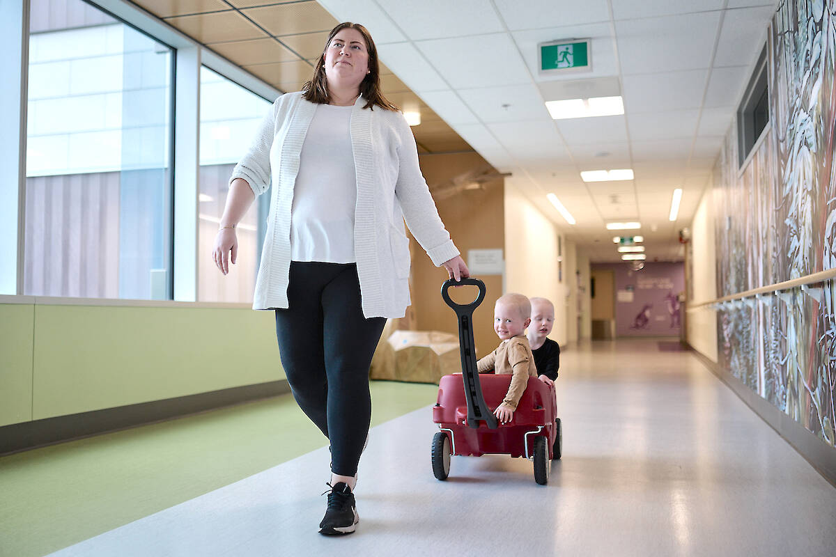 Langleys Alisha Openshaw and her identical twin sons Weston and Bennett, seen here during a recent visit to B.C. Childrens Hospital, are waging a might battle with cancer. (Courtesy B.C. Childrens Hospital)