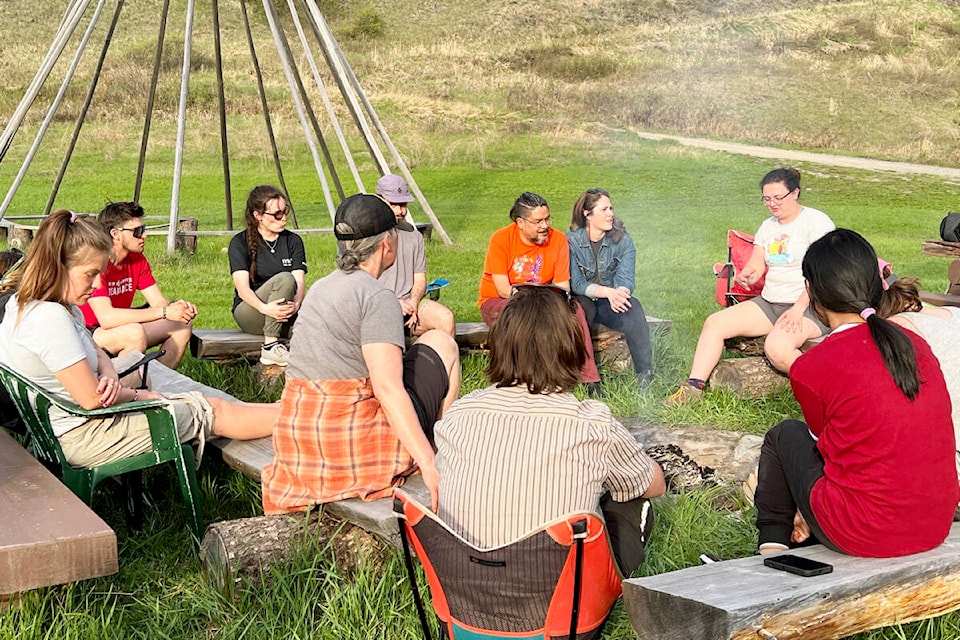 Field school participants from Thompson Rivers University in Kamloops were at Xat’sull in May as part of a five-day field school. Councillor Michael Moses went to speak to the students about reconciliation. (First Journey Tails photo)