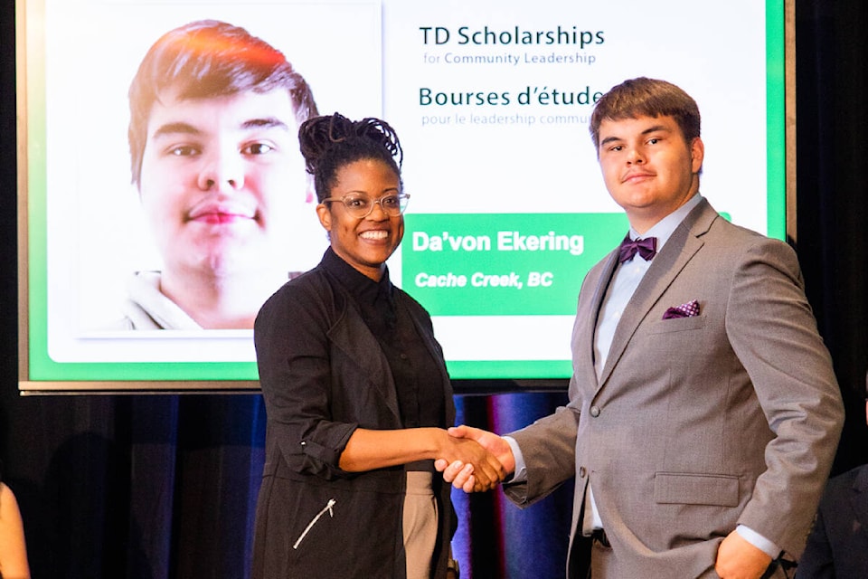 Skeetchestn student Da’von Ekering is the proud recipient of the TD Scholarships for Community Leadership, awarding him up to $70,000 for tuition and living expenses. Alicia Rose, the associate vice president of social impact at TD, presented Da’von with the award at the TD National Awards Ceremony. (Photo credit: Submitted)