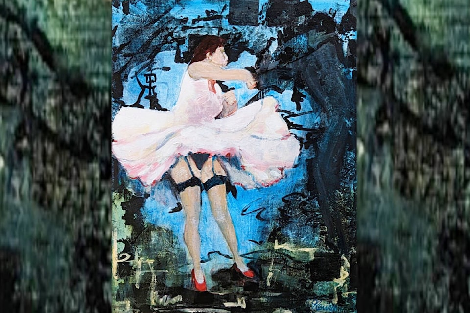 Cache Creek artist Sharon Rennie is currently fascinated by painting figures in motion; this one also uses a monoprinted background. (Photo credit: Sharon Rennie)