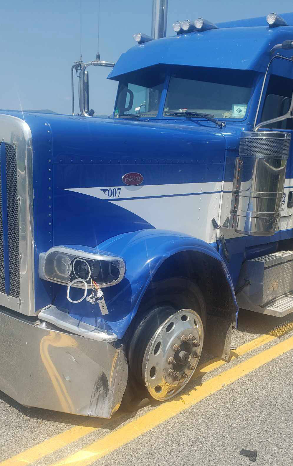 Sukh Mattus semi was the first of three vehicles hit by a Chrysler 300 in a crash that closed the Agassiz-Rosedale Bridge on July 8, 2023. (Sukh Mattu)